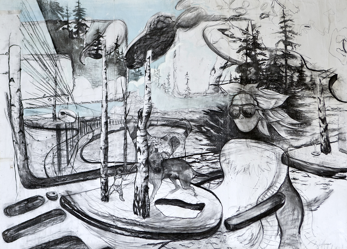 "On the road", 300x450cm, houtskool en acryl op papier op linnen